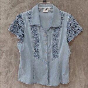 Lafei-nier Chambray Rhinestone Applique Sanp Shirt Women's Large Blue Western